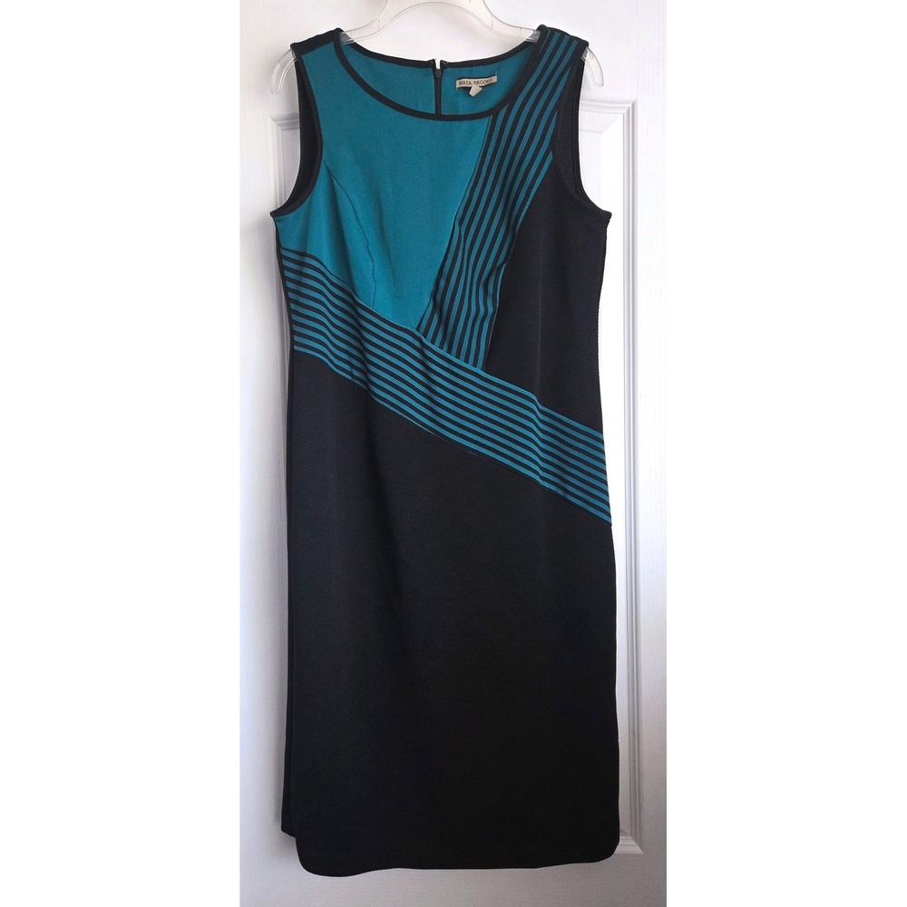 Maya Brooke Sleeveless Teal Black Colorblock Striped Sheath Dress Size 14 Office